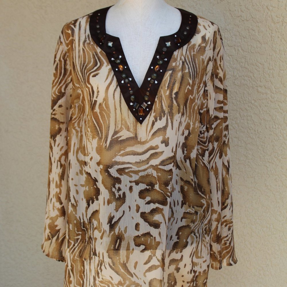 Susan Graver Sheer Animal Print Embellished Blouse